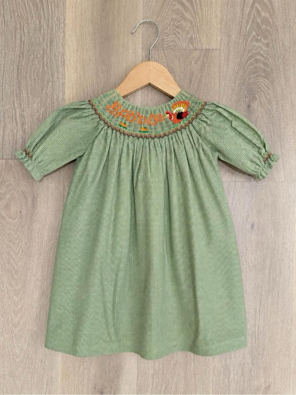 Rosalina Collection 3T Thanksgiving Smocked Turkey Dress Green Check Sophie